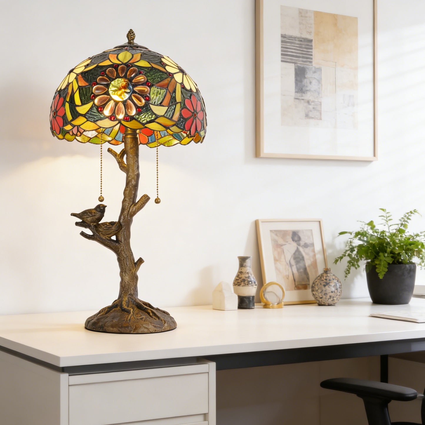 Vintage Tiffany Style Tree & Bird Floral Stained Glass Table Lamp - 11.8" Dome Shade Antique Bronze Tree Base 2-Light Desk Lamp