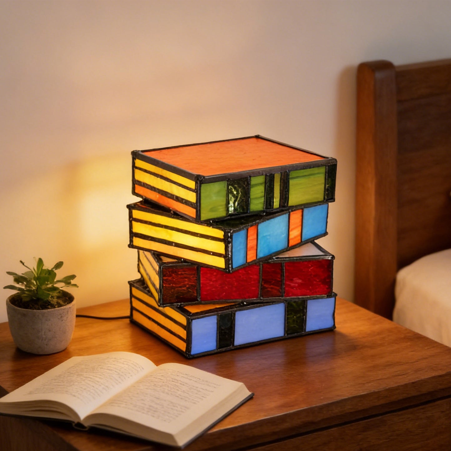 Stacked books Tiffany-style stained glass table lamp