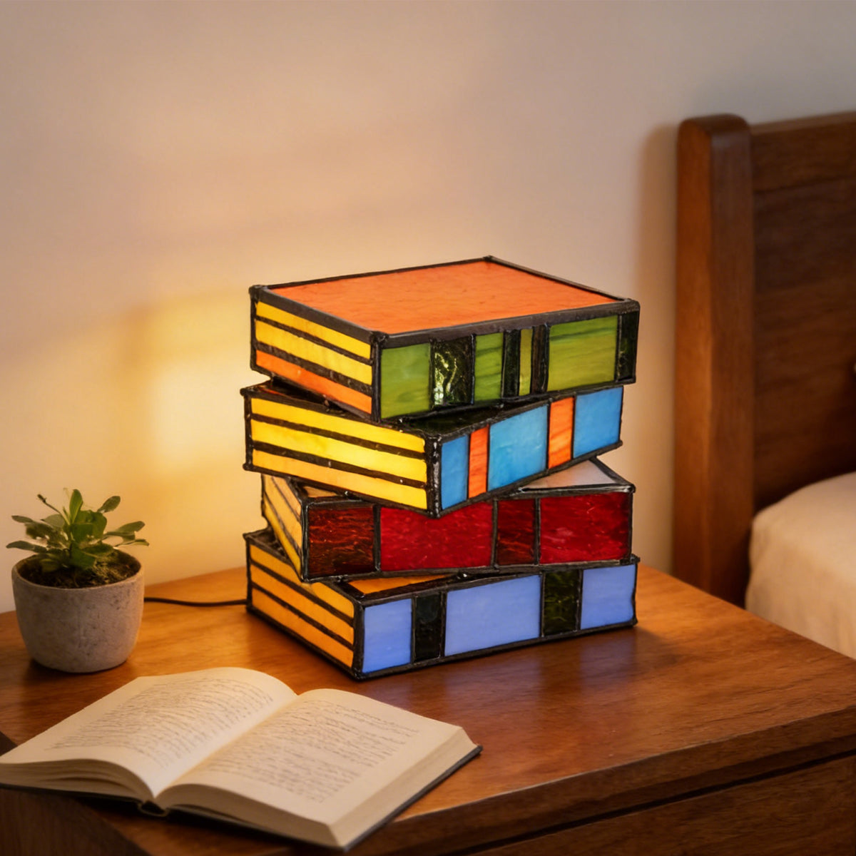 Stacked books Tiffany-style stained glass table lamp