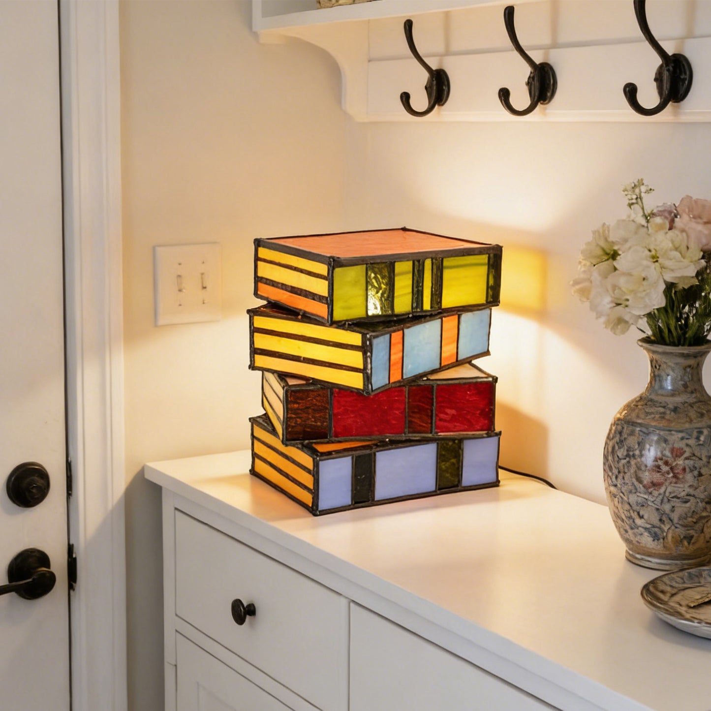 6.7" Tiffany Style Stacked Books Stained Glass Table Lamp (Bulb Included) For Bedroom Nightstand Living Room Study Library