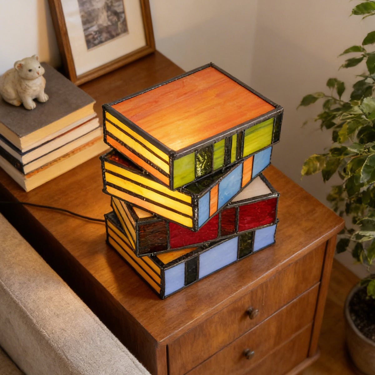 6.7" Tiffany Style Stacked Books Stained Glass Table Lamp (Bulb Included) For Bedroom Nightstand Living Room Study Library