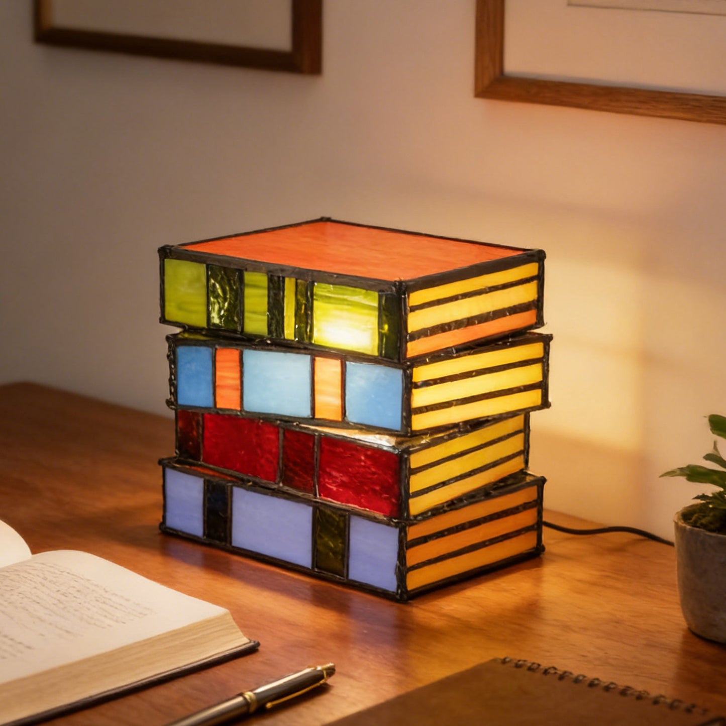 6.7" Tiffany Style Stacked Books Stained Glass Table Lamp (Bulb Included) For Bedroom Nightstand Living Room Study Library