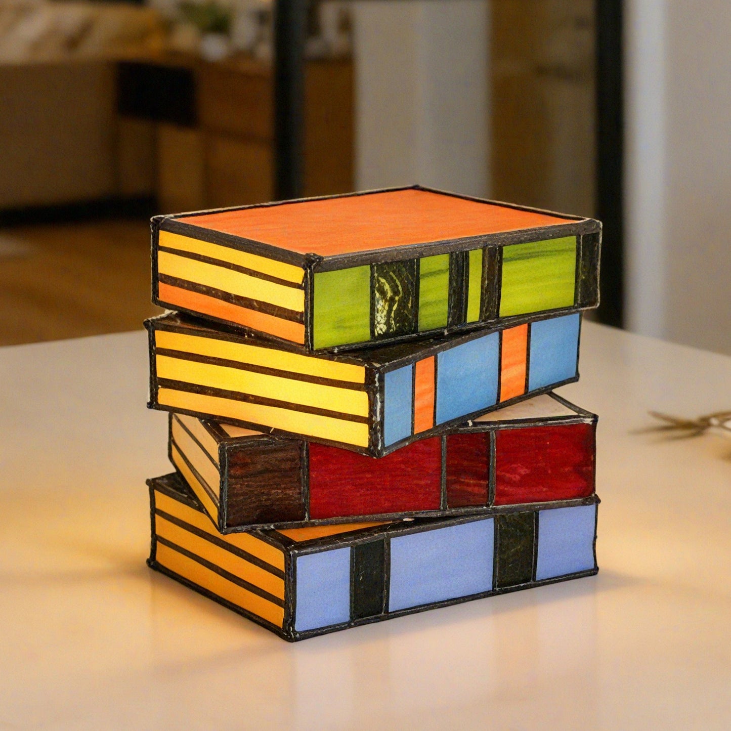 6.7" Tiffany Style Stacked Books Stained Glass Table Lamp (Bulb Included) For Bedroom Nightstand Living Room Study Library