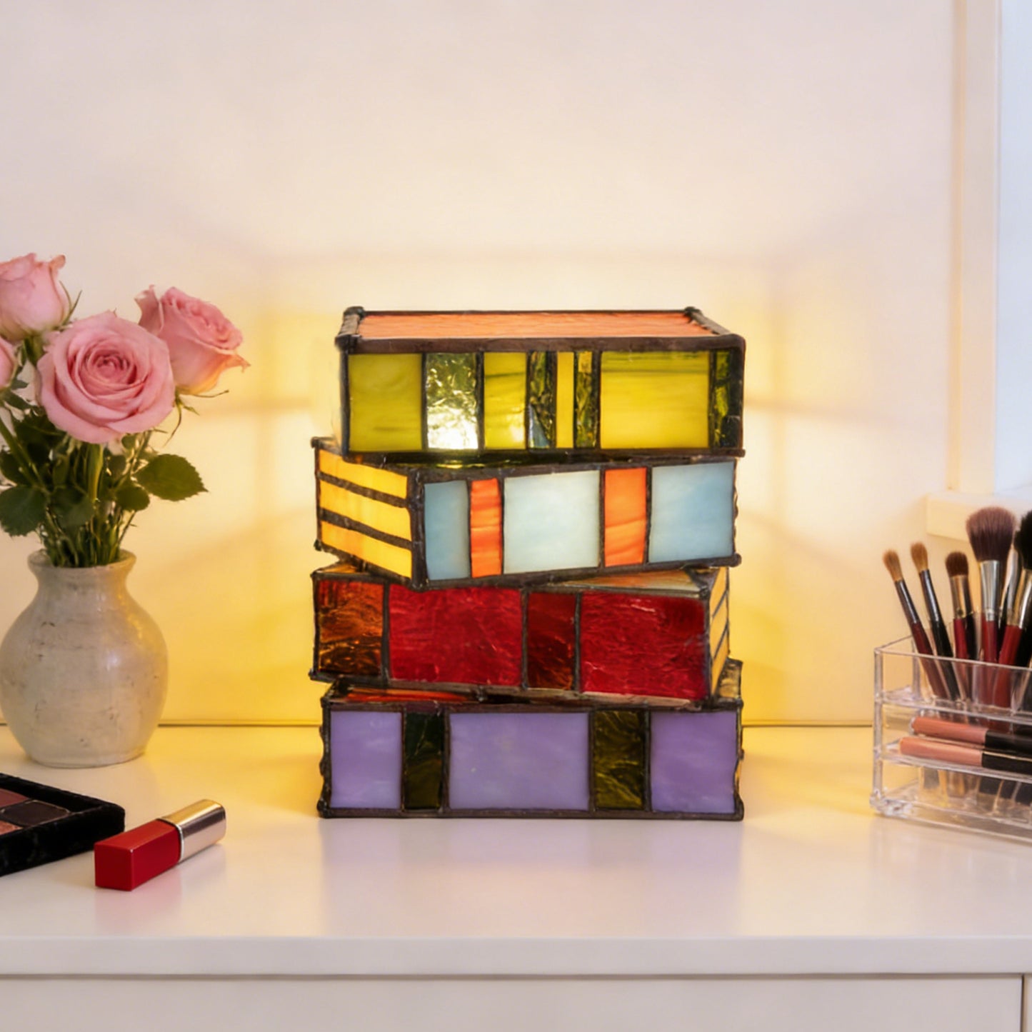 6.7" Tiffany Style Stacked Books Stained Glass Table Lamp (Bulb Included) For Bedroom Nightstand Living Room Study Library