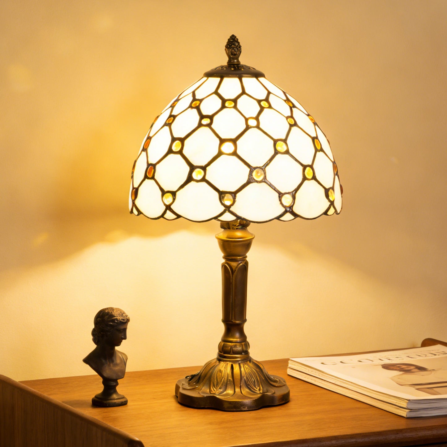 Vintage Diamond Grid Stained Glass Table Lamp - 7.9" Dome Shade Antique Bronze Resin Base Desk Lamp -E26 Socket, Includes Warm Light Bulb