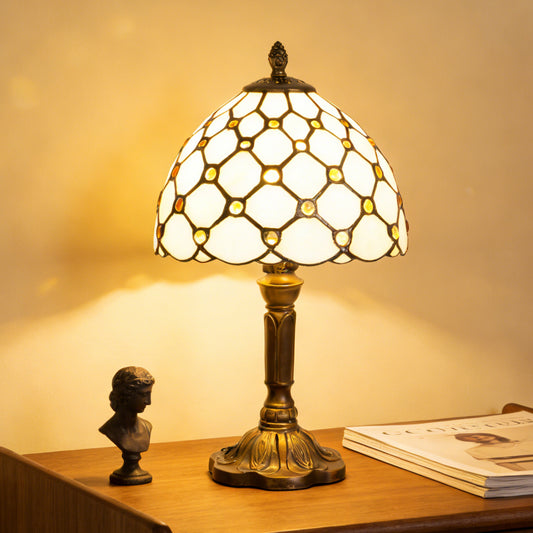 Vintage Diamond Grid Stained Glass Table Lamp - 7.9" Dome Shade Antique Bronze Resin Base Desk Lamp -E26 Socket, Includes Warm Light Bulb