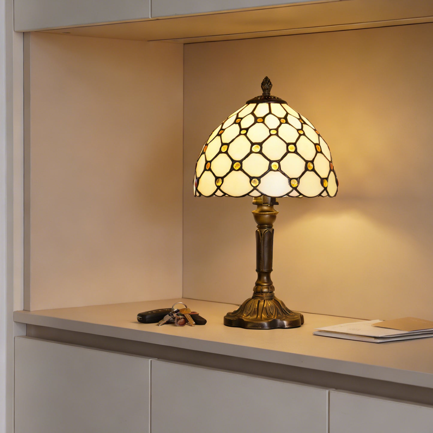 Vintage Diamond Grid Stained Glass Table Lamp - 7.9" Dome Shade Antique Bronze Resin Base Desk Lamp -E26 Socket, Includes Warm Light Bulb