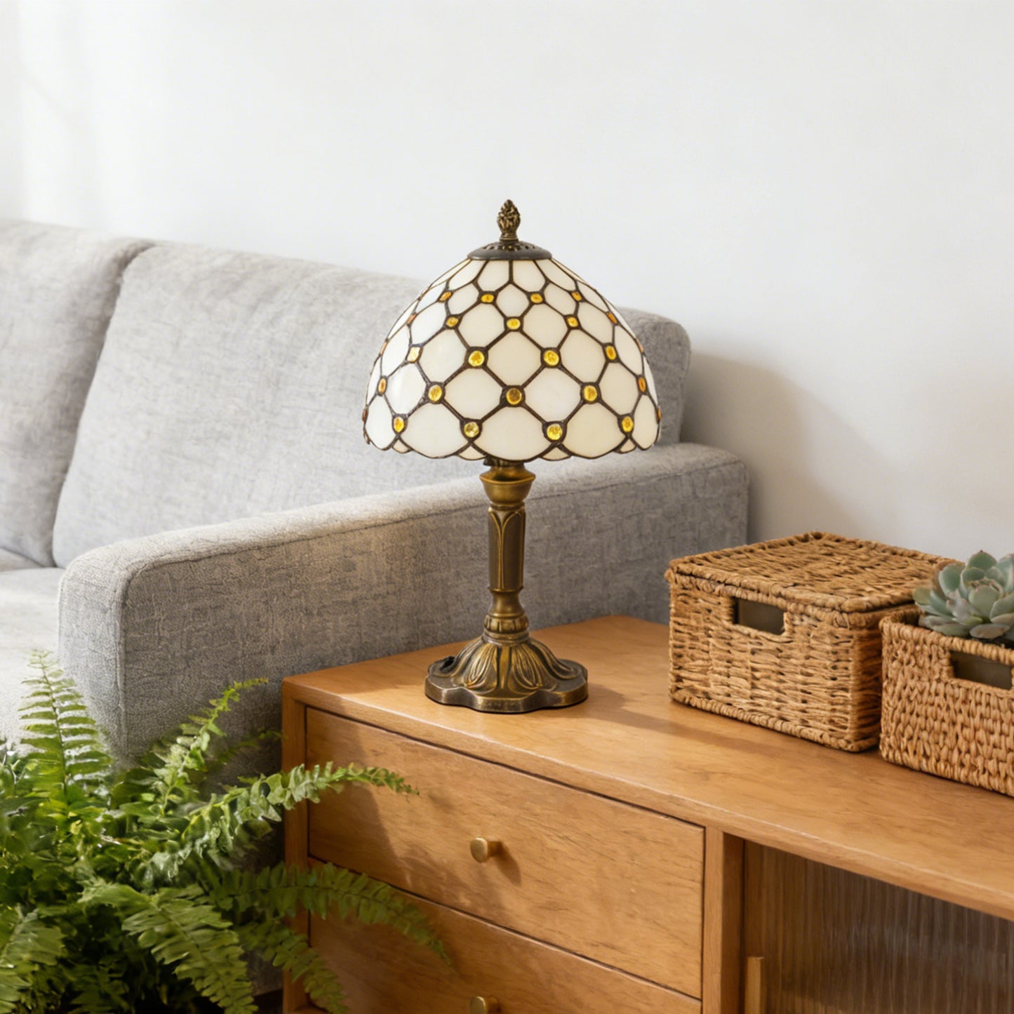 Vintage Diamond Grid Stained Glass Table Lamp - 7.9" Dome Shade Antique Bronze Resin Base Desk Lamp -E26 Socket, Includes Warm Light Bulb
