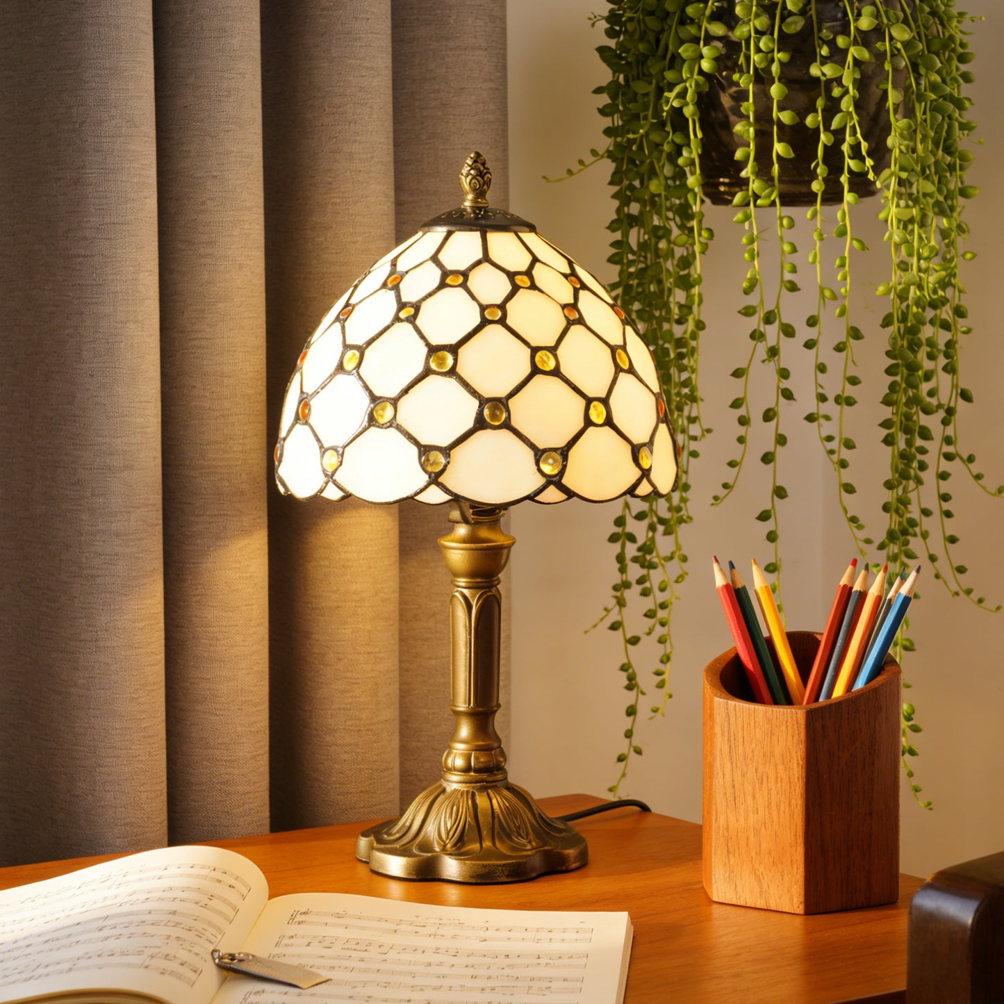 Vintage Diamond Grid Stained Glass Table Lamp - 7.9" Dome Shade Antique Bronze Resin Base Desk Lamp -E26 Socket, Includes Warm Light Bulb