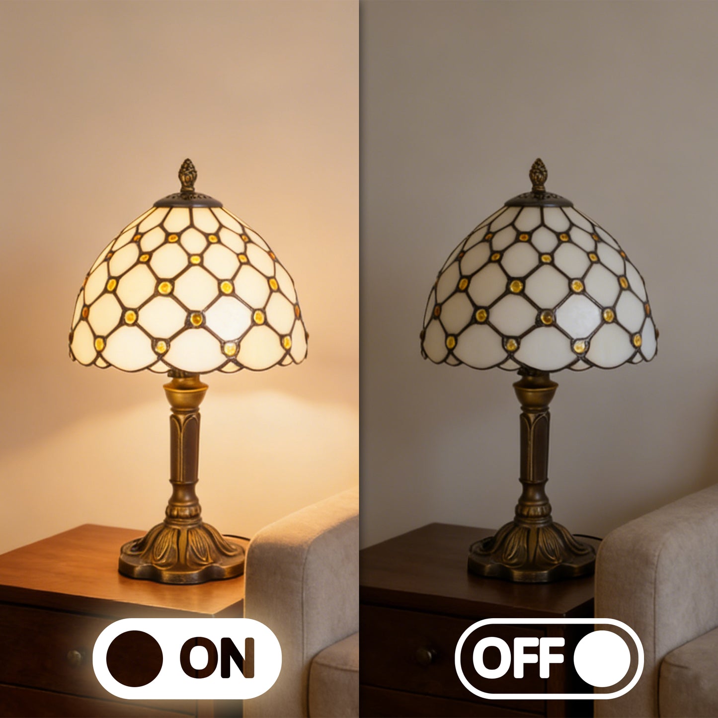 Vintage Diamond Grid Stained Glass Table Lamp - 7.9" Dome Shade Antique Bronze Resin Base Desk Lamp -E26 Socket, Includes Warm Light Bulb