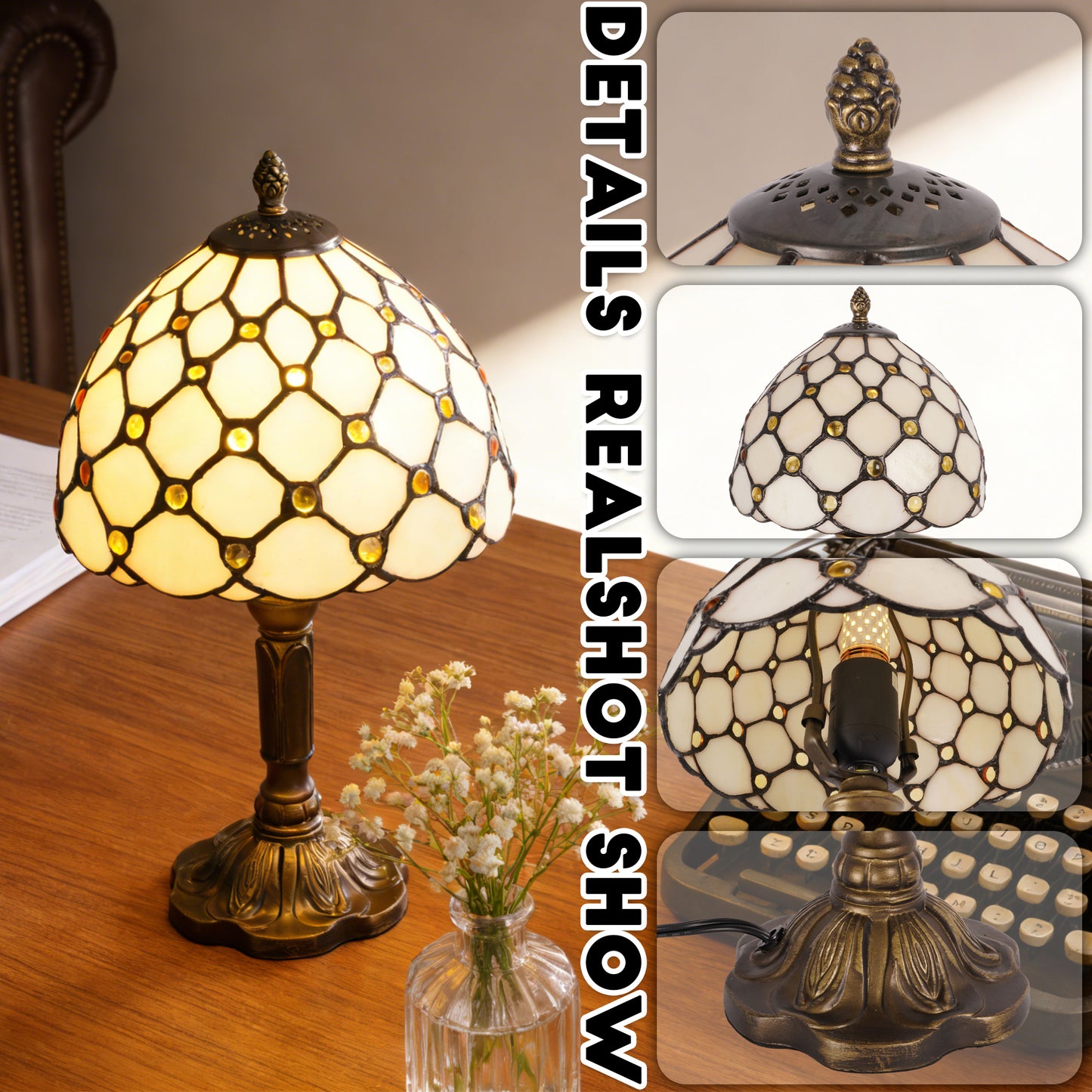 Vintage Diamond Grid Stained Glass Table Lamp - 7.9" Dome Shade Antique Bronze Resin Base Desk Lamp -E26 Socket, Includes Warm Light Bulb