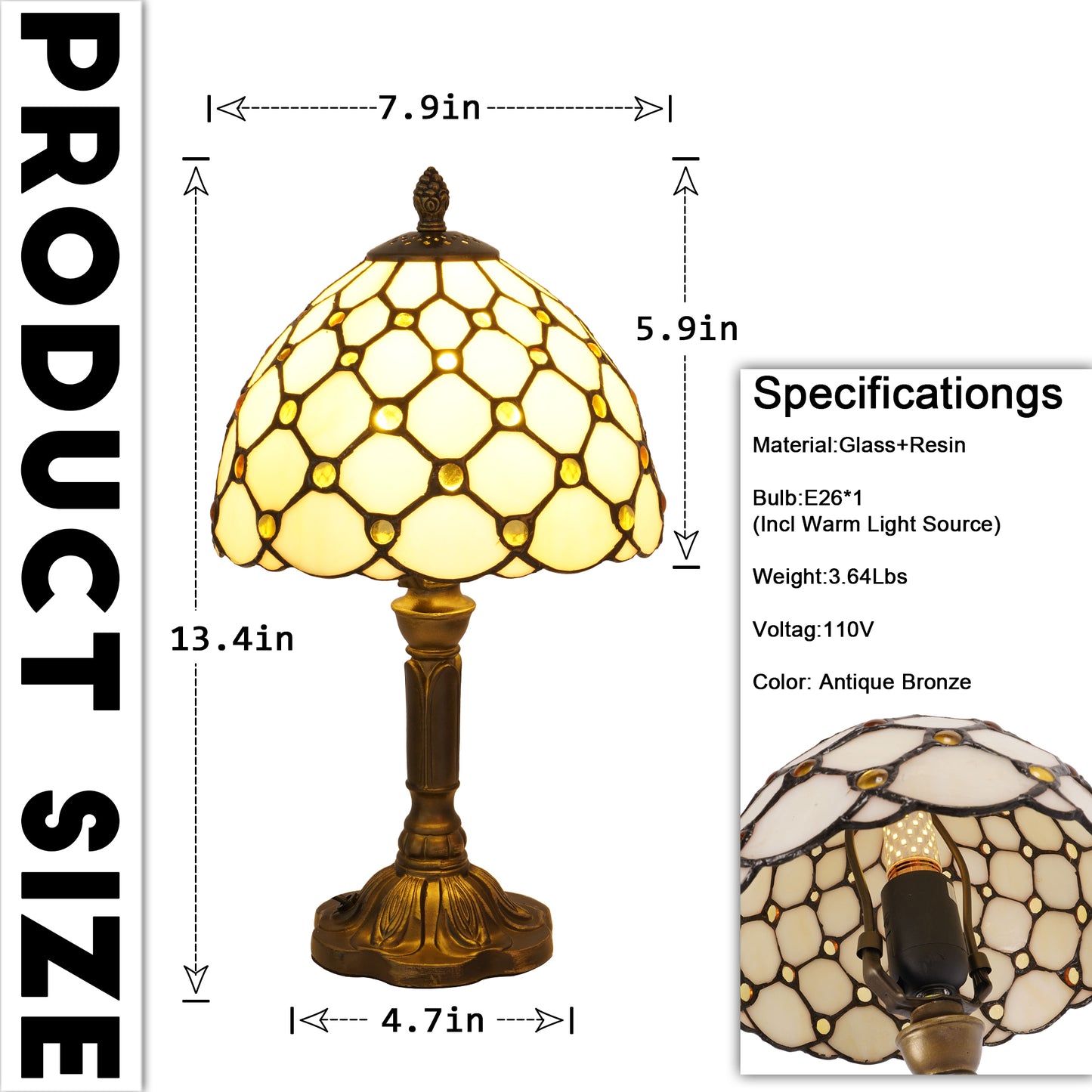 Vintage Diamond Grid Stained Glass Table Lamp - 7.9" Dome Shade Antique Bronze Resin Base Desk Lamp -E26 Socket, Includes Warm Light Bulb