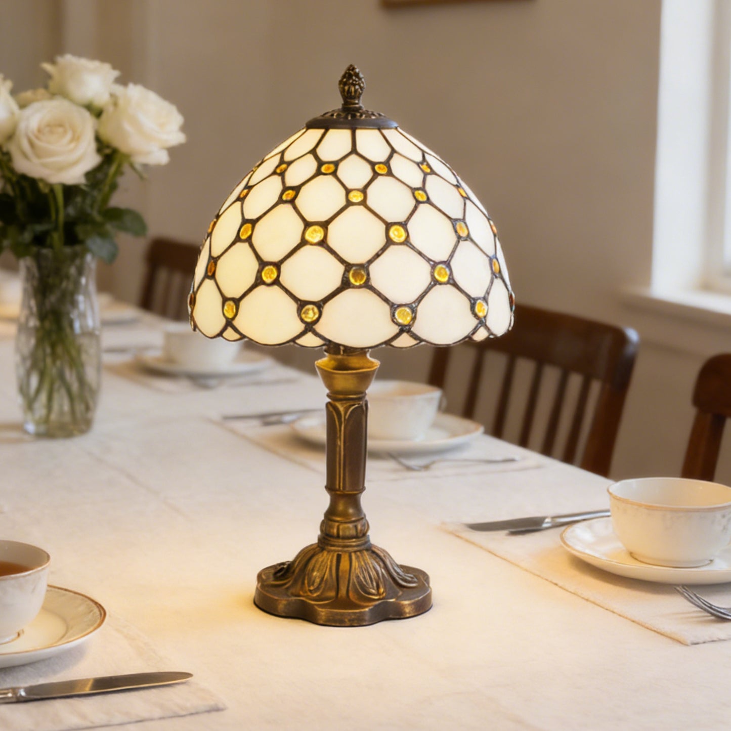 Vintage Diamond Grid Stained Glass Table Lamp - 7.9" Dome Shade Antique Bronze Resin Base Desk Lamp -E26 Socket, Includes Warm Light Bulb