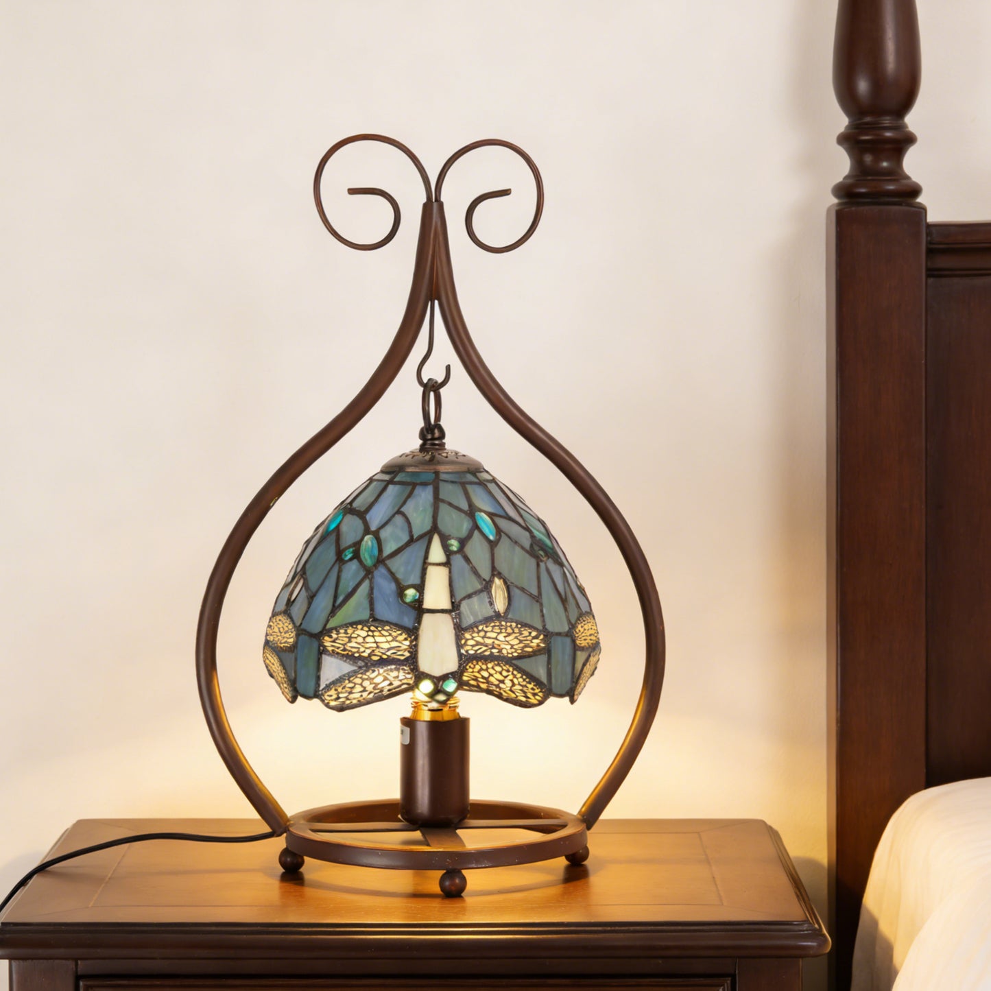 Vintage Dragonfly Stained Glass Table Lamp - 7.9" Blue-Green Shade Brown Metal Scroll Frame Desk Lamp E26 Socket, Includes Warm Light Bulb