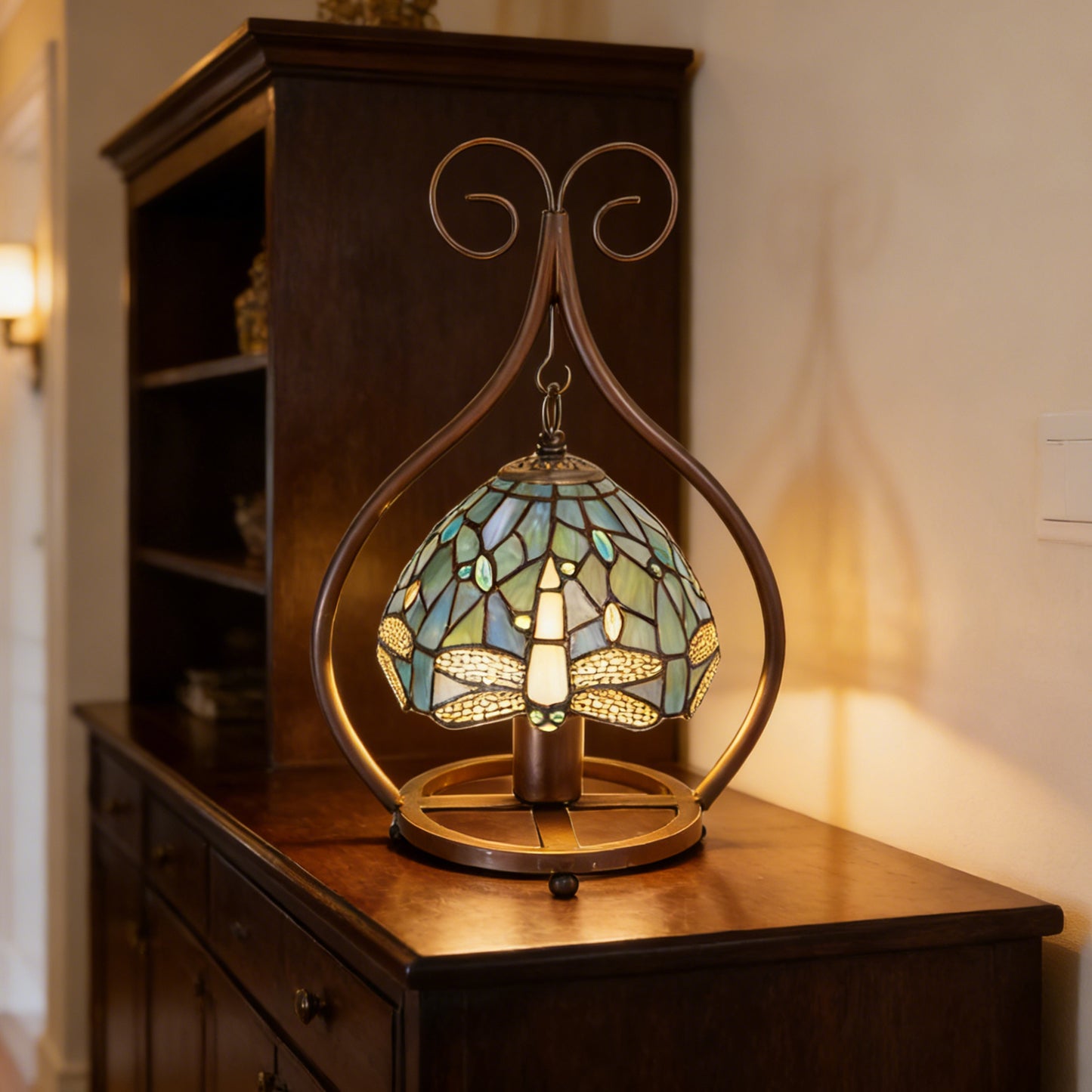Vintage Dragonfly Stained Glass Table Lamp - 7.9" Blue-Green Shade Brown Metal Scroll Frame Desk Lamp E26 Socket, Includes Warm Light Bulb