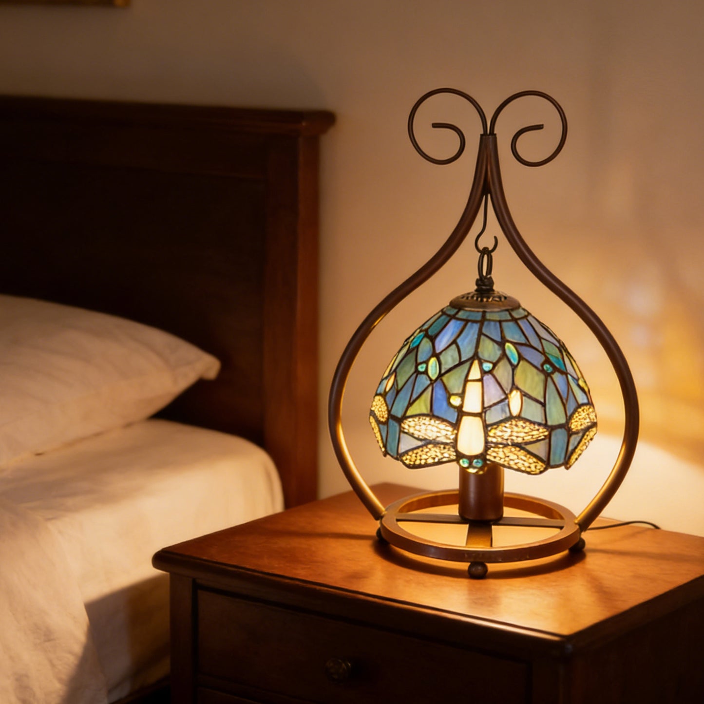 Vintage Dragonfly Stained Glass Table Lamp - 7.9" Blue-Green Shade Brown Metal Scroll Frame Desk Lamp E26 Socket, Includes Warm Light Bulb