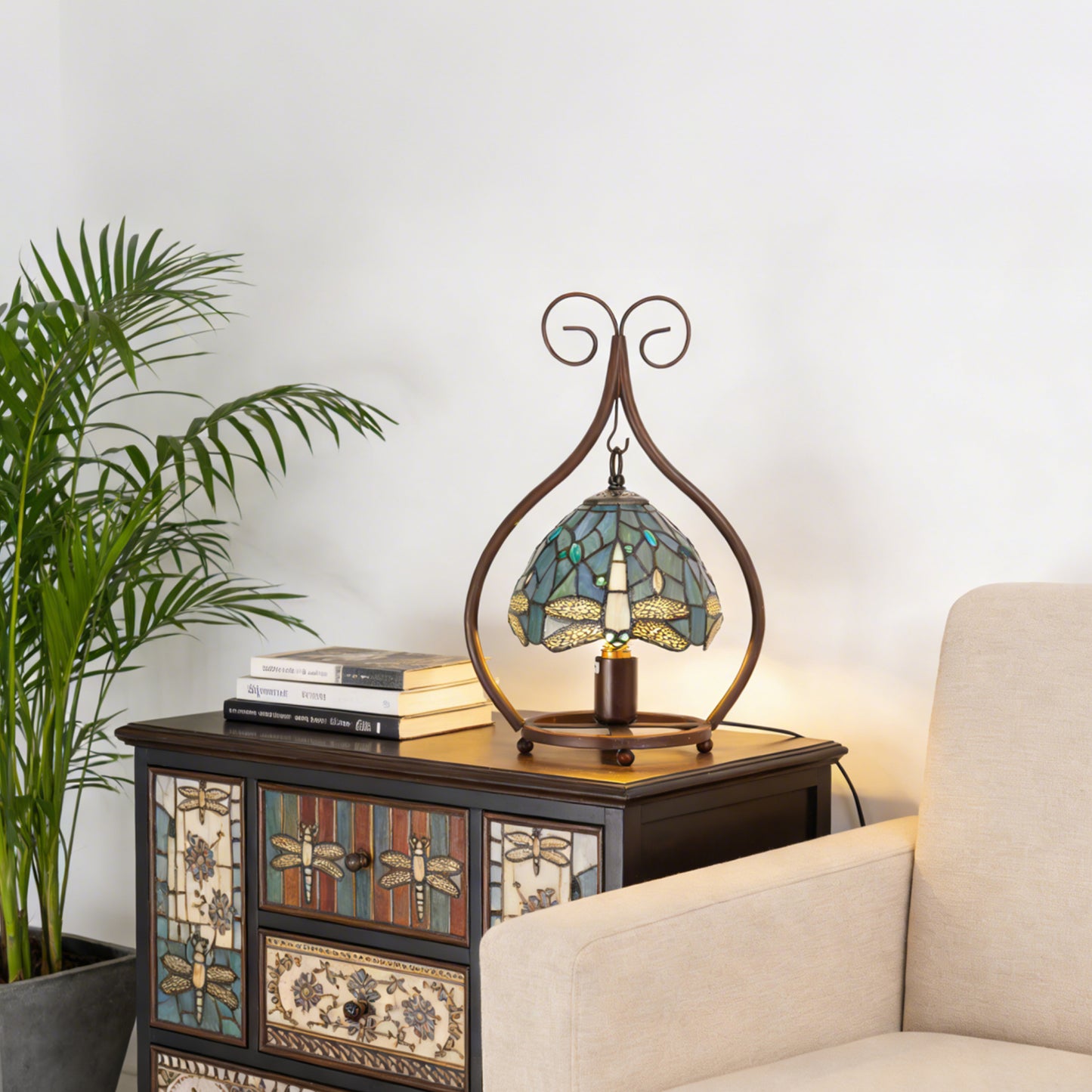 Vintage Dragonfly Stained Glass Table Lamp - 7.9" Blue-Green Shade Brown Metal Scroll Frame Desk Lamp E26 Socket, Includes Warm Light Bulb