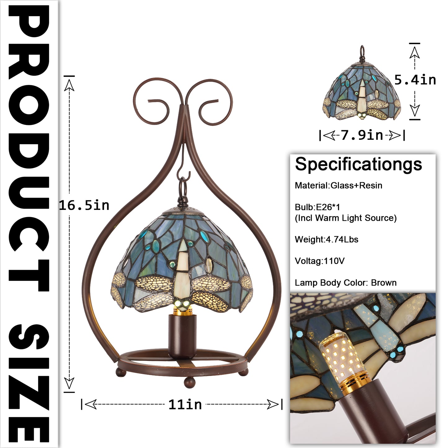 Vintage Dragonfly Stained Glass Table Lamp - 7.9" Blue-Green Shade Brown Metal Scroll Frame Desk Lamp E26 Socket, Includes Warm Light Bulb