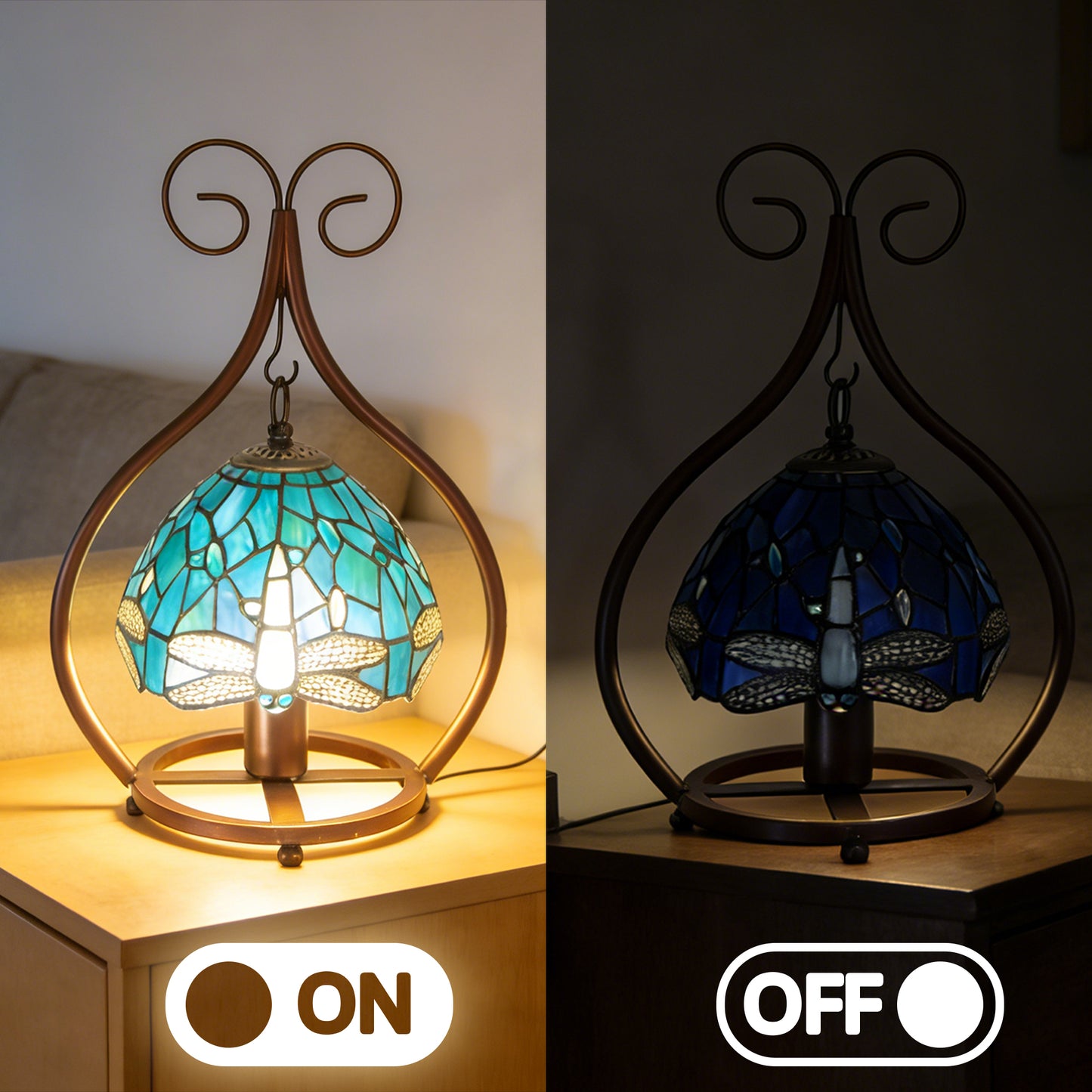 Vintage Dragonfly Stained Glass Table Lamp - 7.9" Blue-Green Shade Brown Metal Scroll Frame Desk Lamp E26 Socket, Includes Warm Light Bulb
