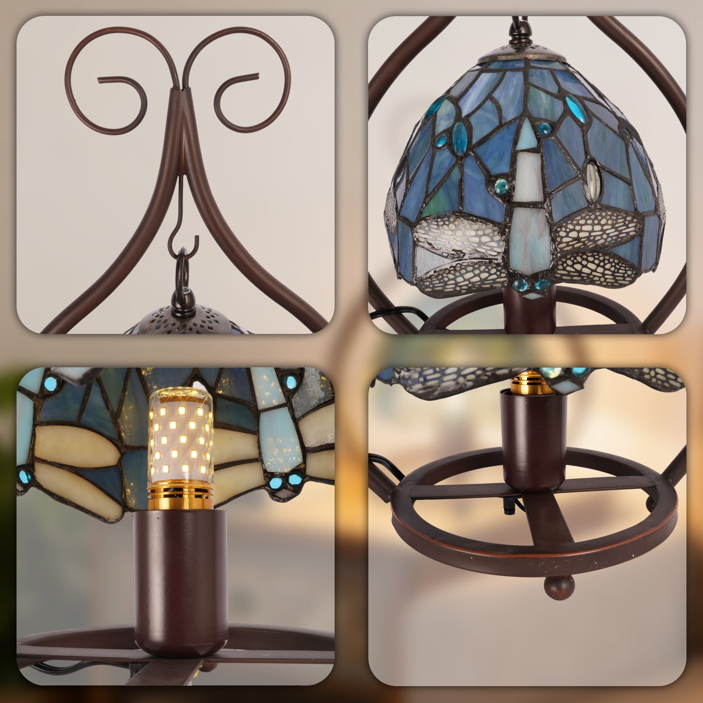 Vintage Dragonfly Stained Glass Table Lamp - 7.9" Blue-Green Shade Brown Metal Scroll Frame Desk Lamp E26 Socket, Includes Warm Light Bulb