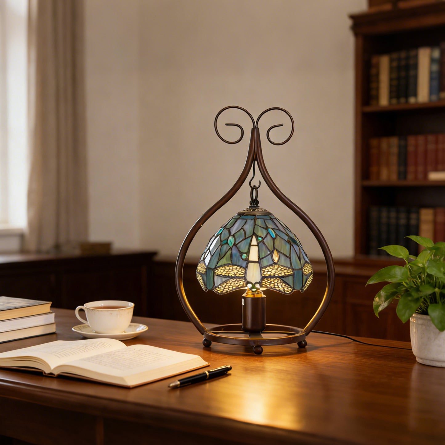 Vintage Dragonfly Stained Glass Table Lamp - 7.9" Blue-Green Shade Brown Metal Scroll Frame Desk Lamp E26 Socket, Includes Warm Light Bulb
