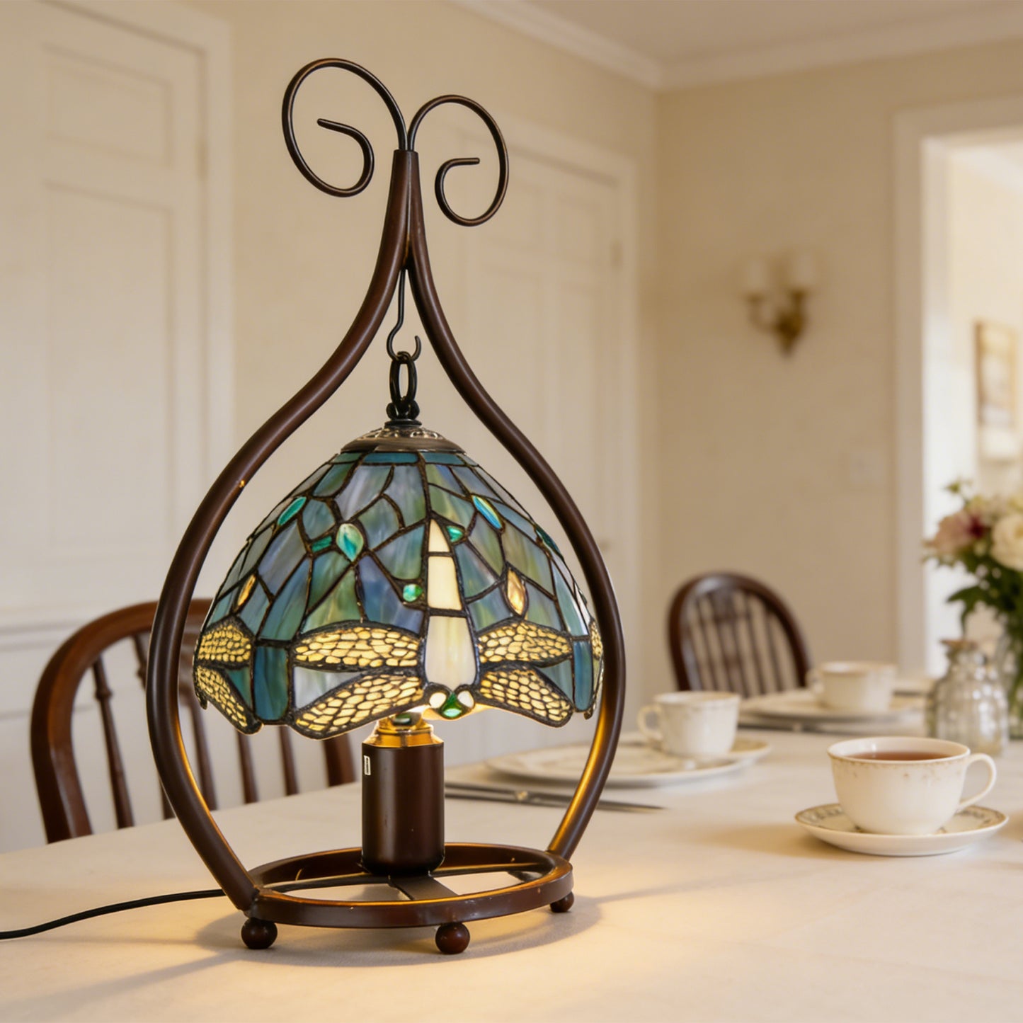 Vintage Dragonfly Stained Glass Table Lamp - 7.9" Blue-Green Shade Brown Metal Scroll Frame Desk Lamp E26 Socket, Includes Warm Light Bulb
