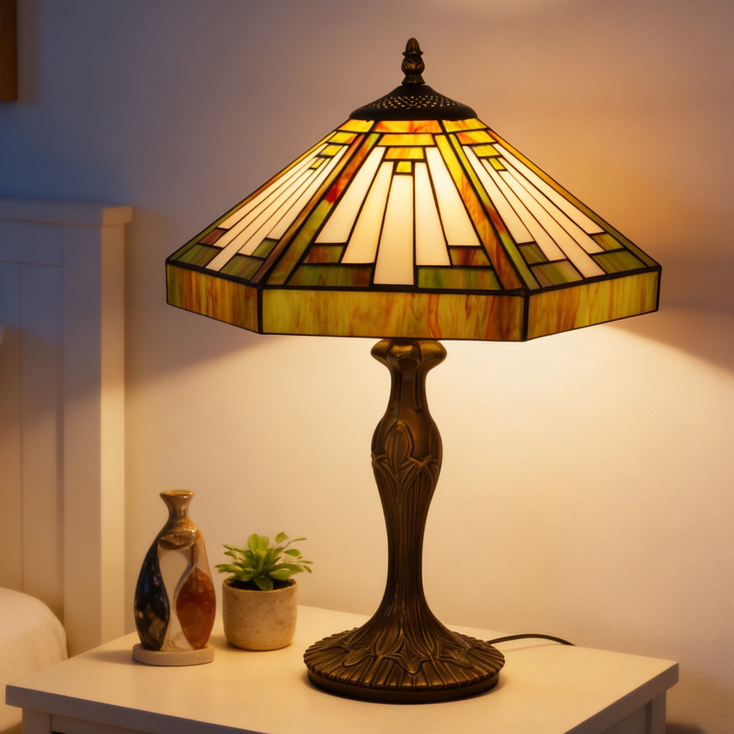 Vintage Tiffany Style Mission Stained Glass Table Lamp - 15" Octagonal Shade Bronze Resin Base Desk Lamp E26 Socket, Bulb Not Included