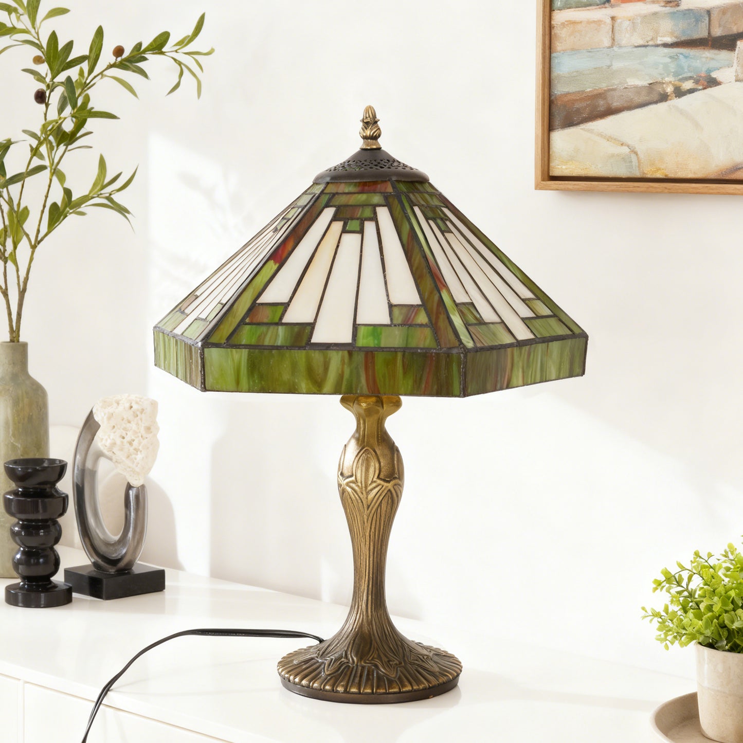 Vintage Tiffany Style Mission Stained Glass Table Lamp - 15" Octagonal Shade Bronze Resin Base Desk Lamp E26 Socket, Bulb Not Included