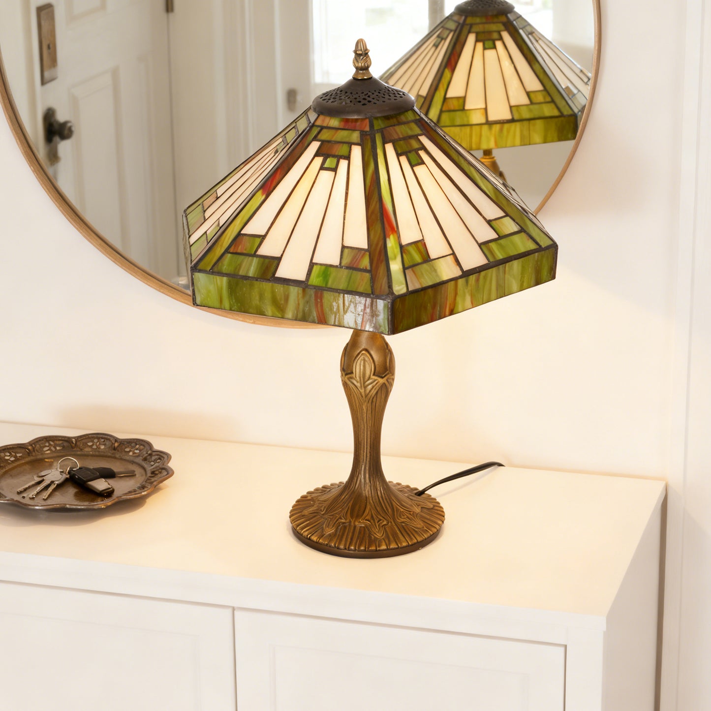 Vintage Tiffany Style Mission Stained Glass Table Lamp - 15" Octagonal Shade Bronze Resin Base Desk Lamp E26 Socket, Bulb Not Included