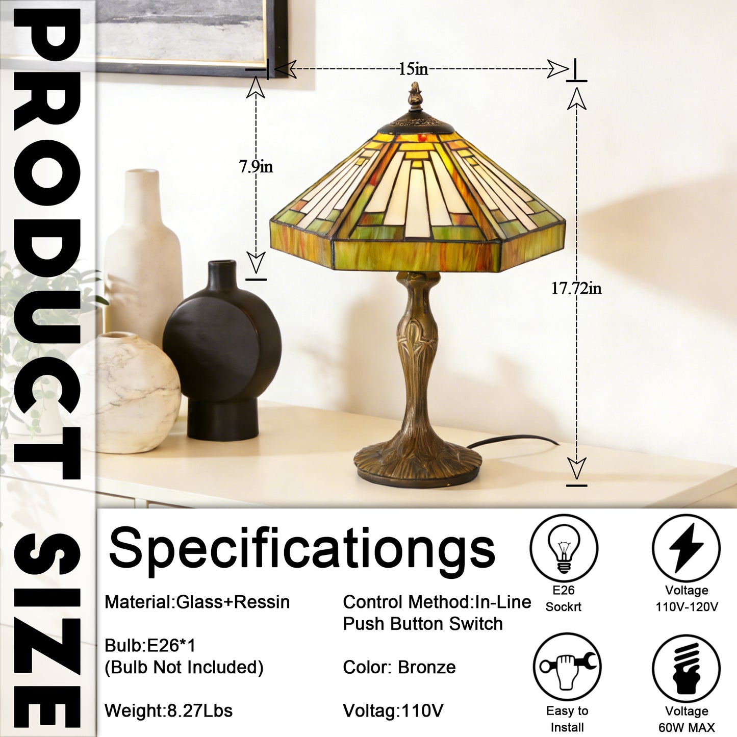 Vintage Tiffany Style Mission Stained Glass Table Lamp - 15" Octagonal Shade Bronze Resin Base Desk Lamp E26 Socket, Bulb Not Included