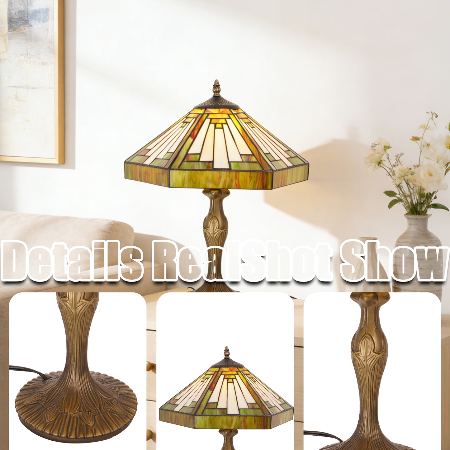 Vintage Tiffany Style Mission Stained Glass Table Lamp - 15" Octagonal Shade Bronze Resin Base Desk Lamp E26 Socket, Bulb Not Included