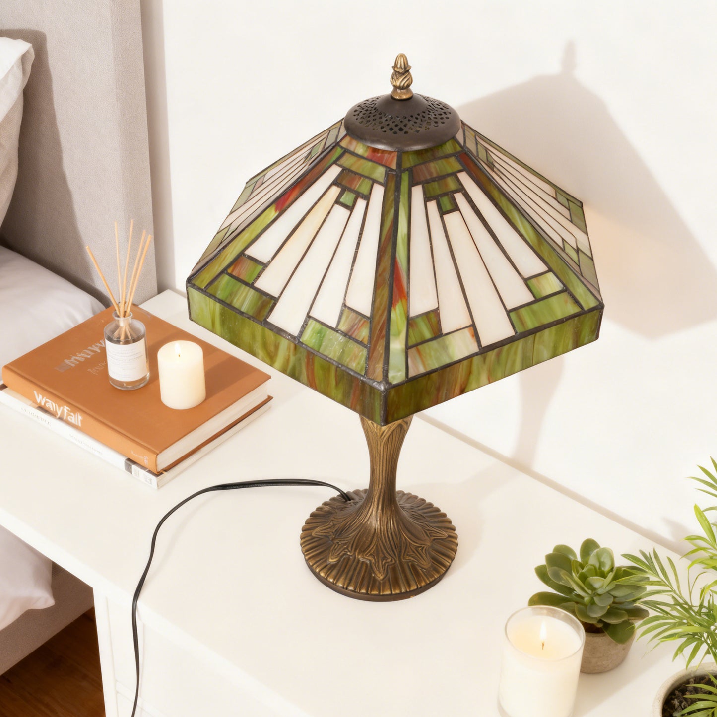 Vintage Tiffany Style Mission Stained Glass Table Lamp - 15" Octagonal Shade Bronze Resin Base Desk Lamp E26 Socket, Bulb Not Included