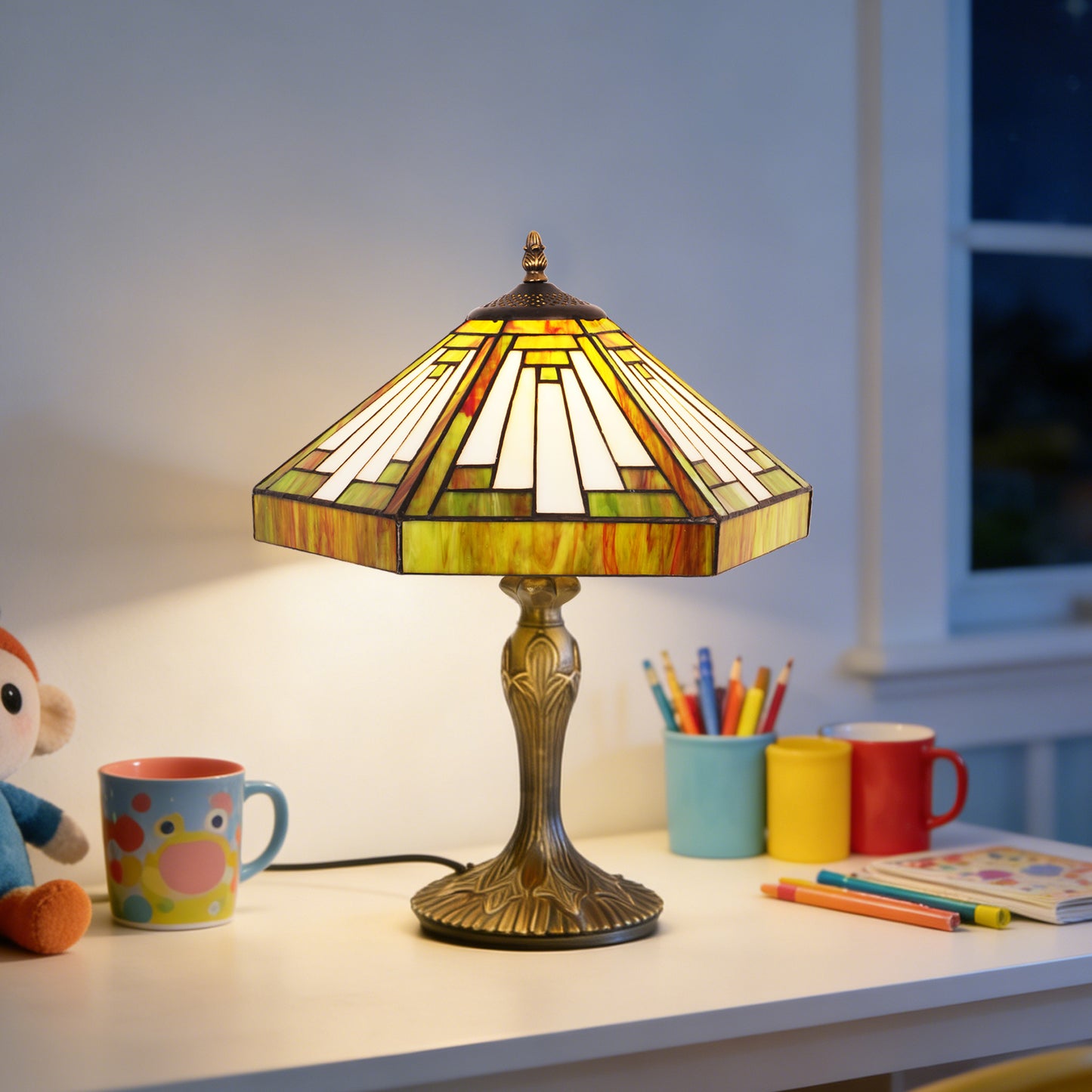 Vintage Tiffany Style Mission Stained Glass Table Lamp - 15" Octagonal Shade Bronze Resin Base Desk Lamp E26 Socket, Bulb Not Included