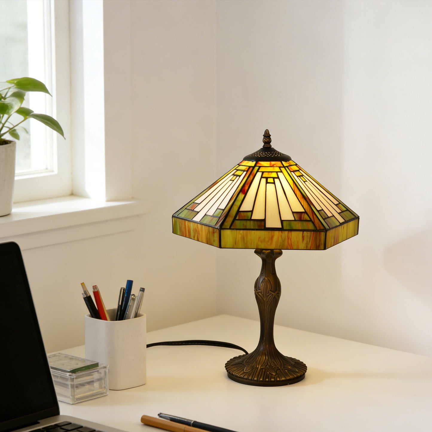 Vintage Tiffany Style Mission Stained Glass Table Lamp - 15" Octagonal Shade Bronze Resin Base Desk Lamp E26 Socket, Bulb Not Included