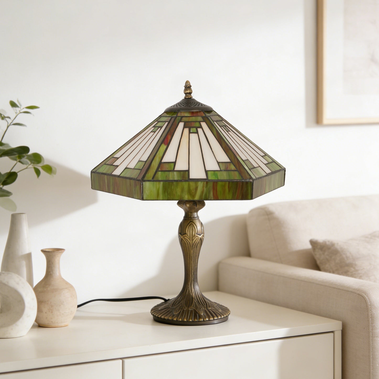 Vintage Tiffany Style Mission Stained Glass Table Lamp - 15" Octagonal Shade Bronze Resin Base Desk Lamp E26 Socket, Bulb Not Included
