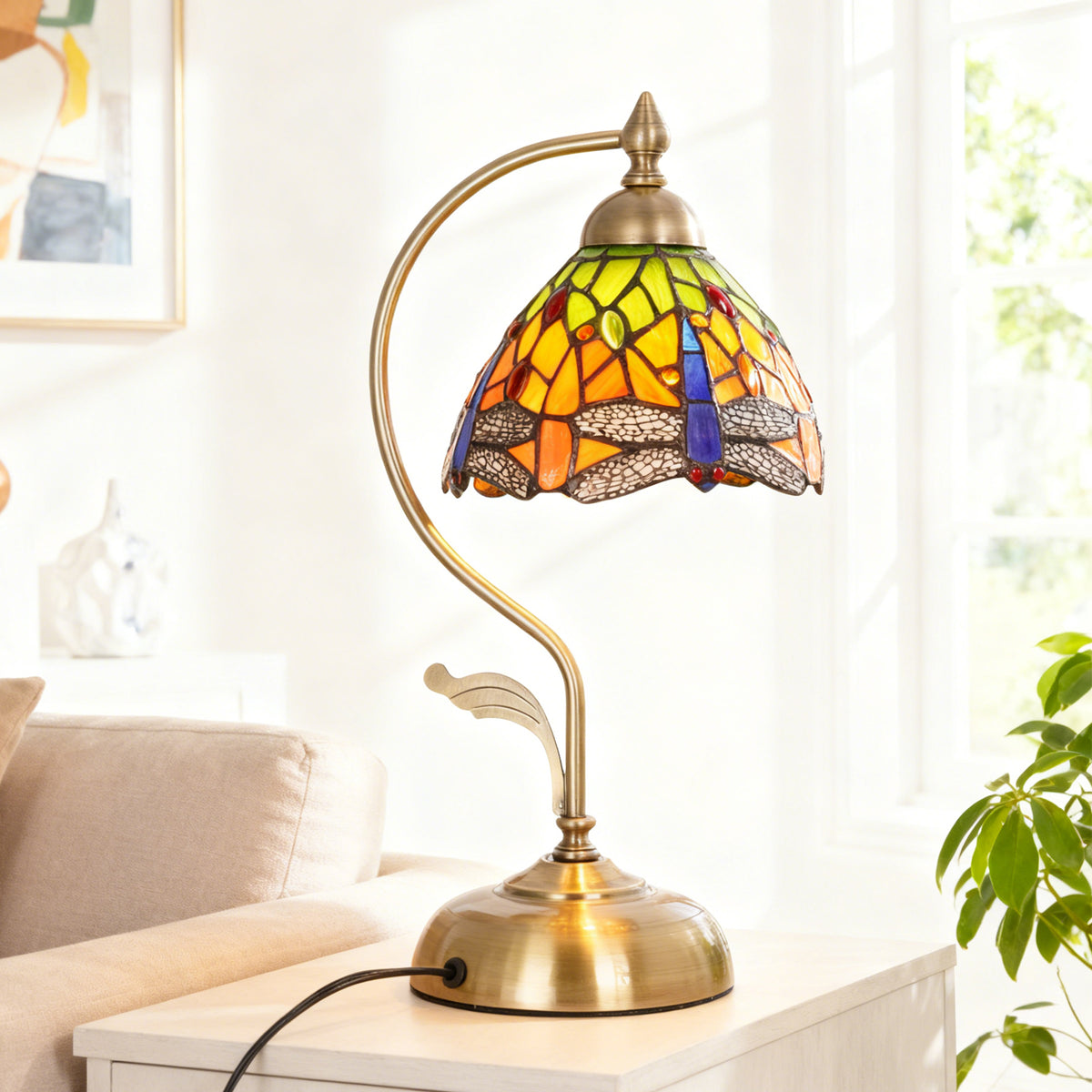 Dragonfly stained glass table lamp with brass gooseneck frame