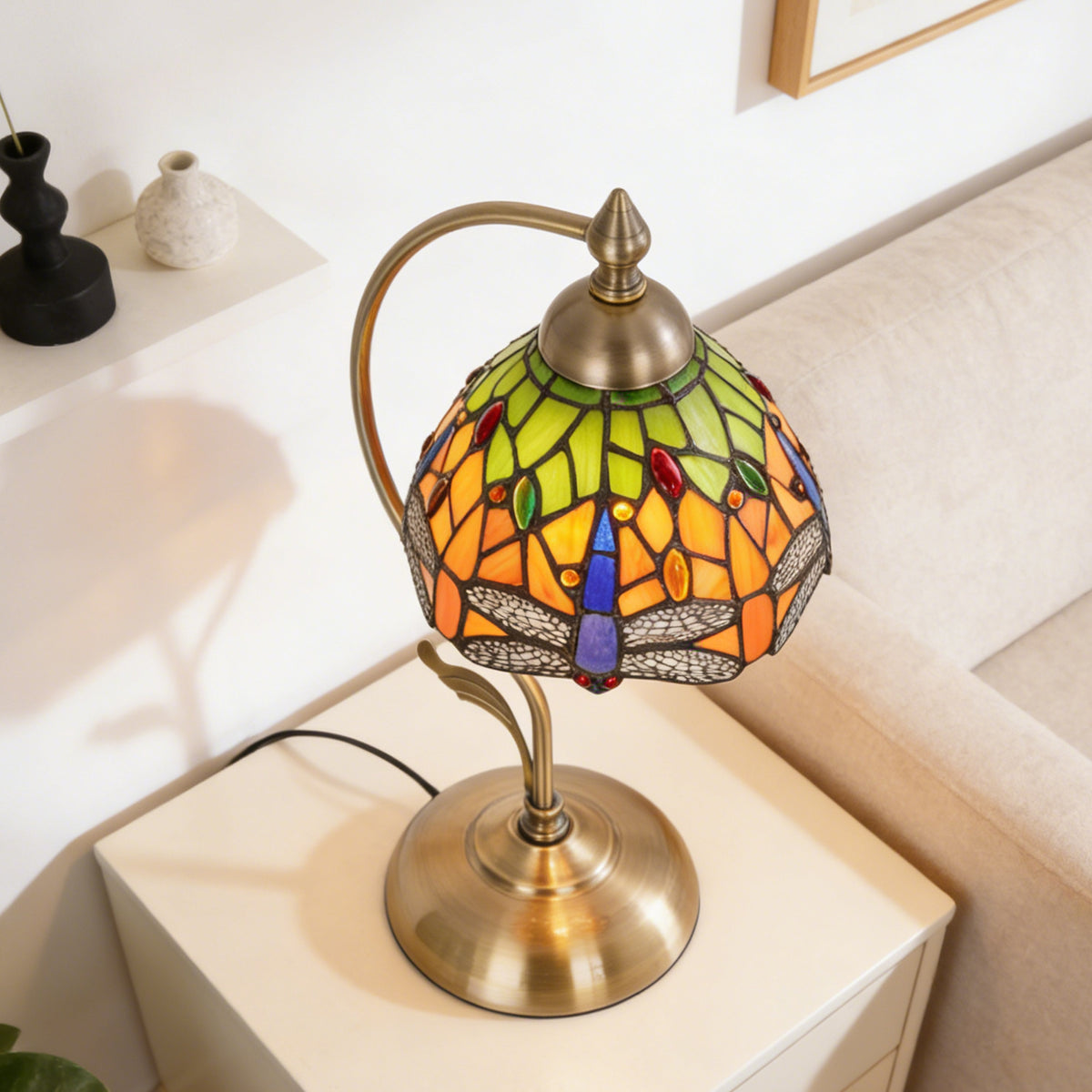 17.3" Tiffany-Style Dragonfly Stained Glass Table Lamp, Brass Gooseneck Frame, 7.5" Shade, E26