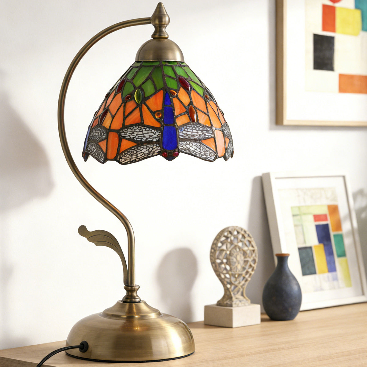 17.3" Tiffany-Style Dragonfly Stained Glass Table Lamp, Brass Gooseneck Frame, 7.5" Shade, E26