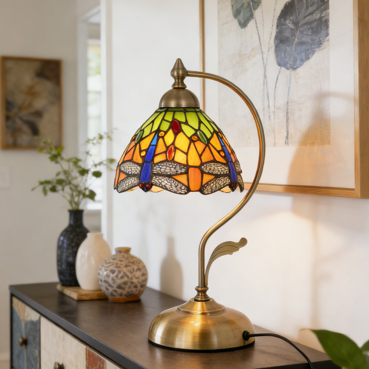 17.3" Tiffany-Style Dragonfly Stained Glass Table Lamp, Brass Gooseneck Frame, 7.5" Shade, E26