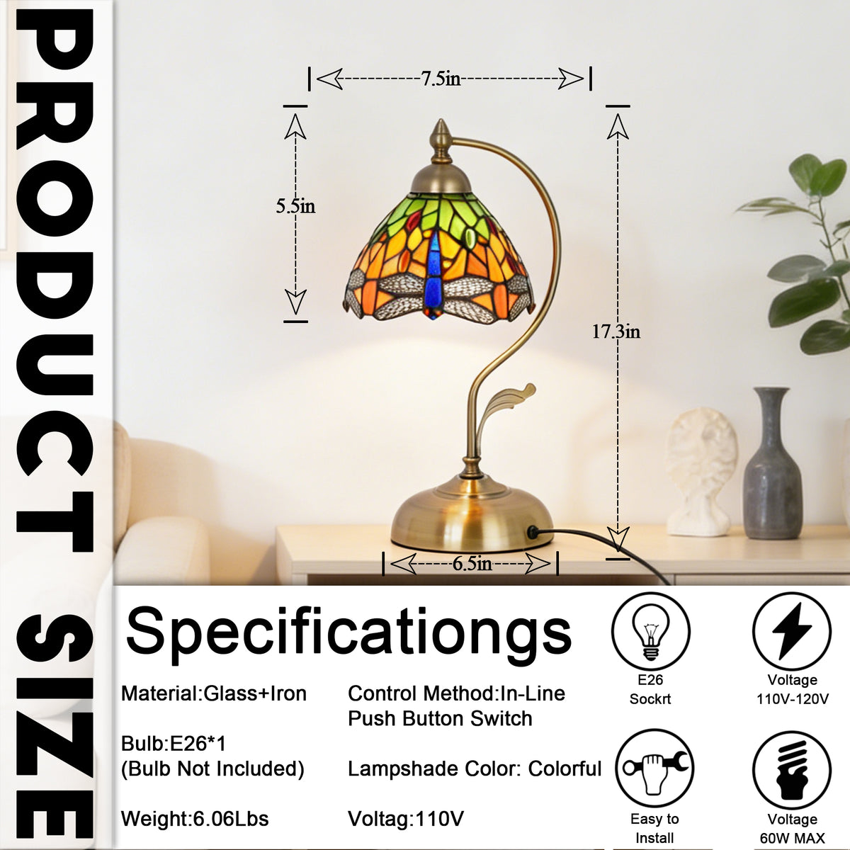 17.3" Tiffany-Style Dragonfly Stained Glass Table Lamp, Brass Gooseneck Frame, 7.5" Shade, E26