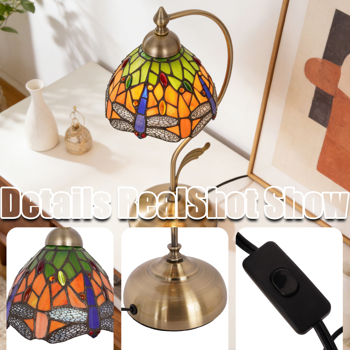 17.3" Tiffany-Style Dragonfly Stained Glass Table Lamp, Brass Gooseneck Frame, 7.5" Shade, E26