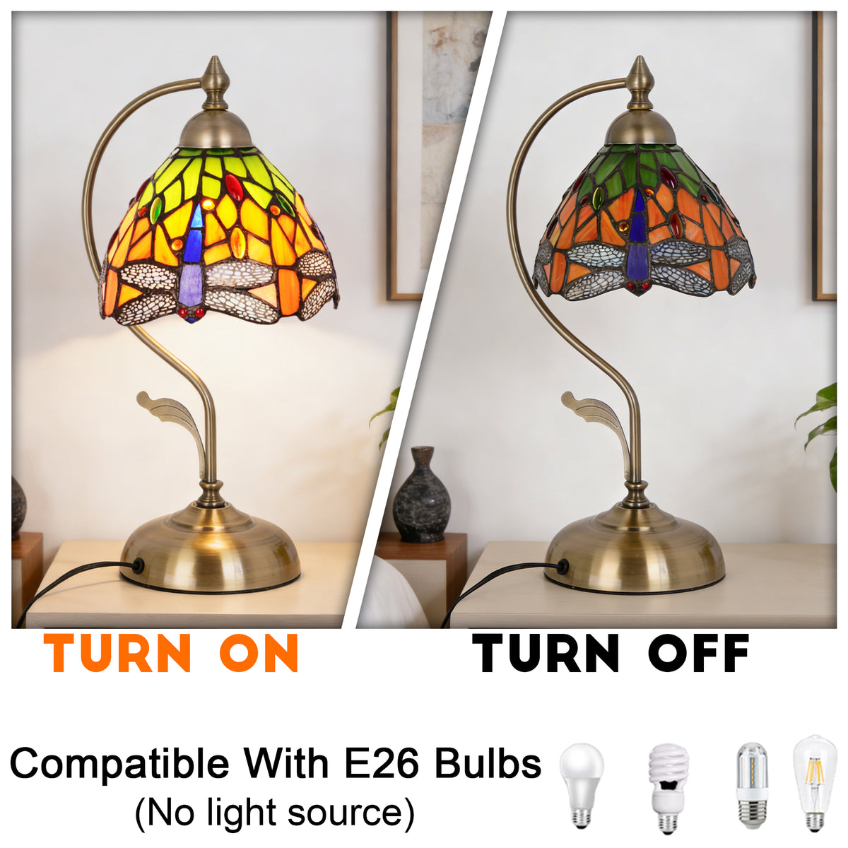 17.3" Tiffany-Style Dragonfly Stained Glass Table Lamp, Brass Gooseneck Frame, 7.5" Shade, E26
