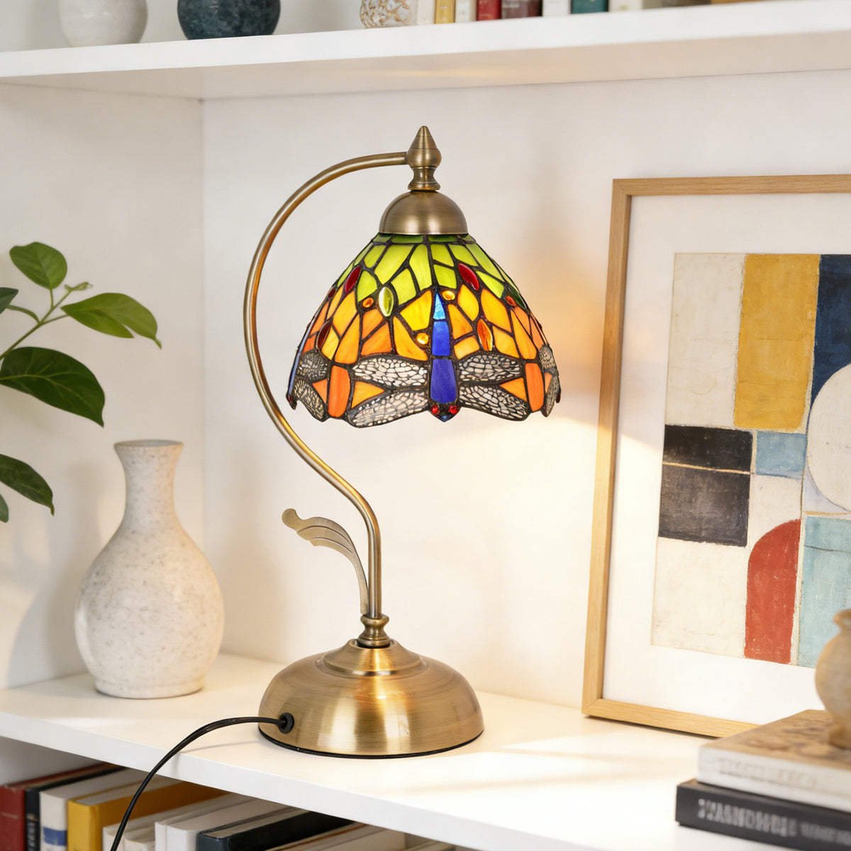 17.3" Tiffany-Style Dragonfly Stained Glass Table Lamp, Brass Gooseneck Frame, 7.5" Shade, E26