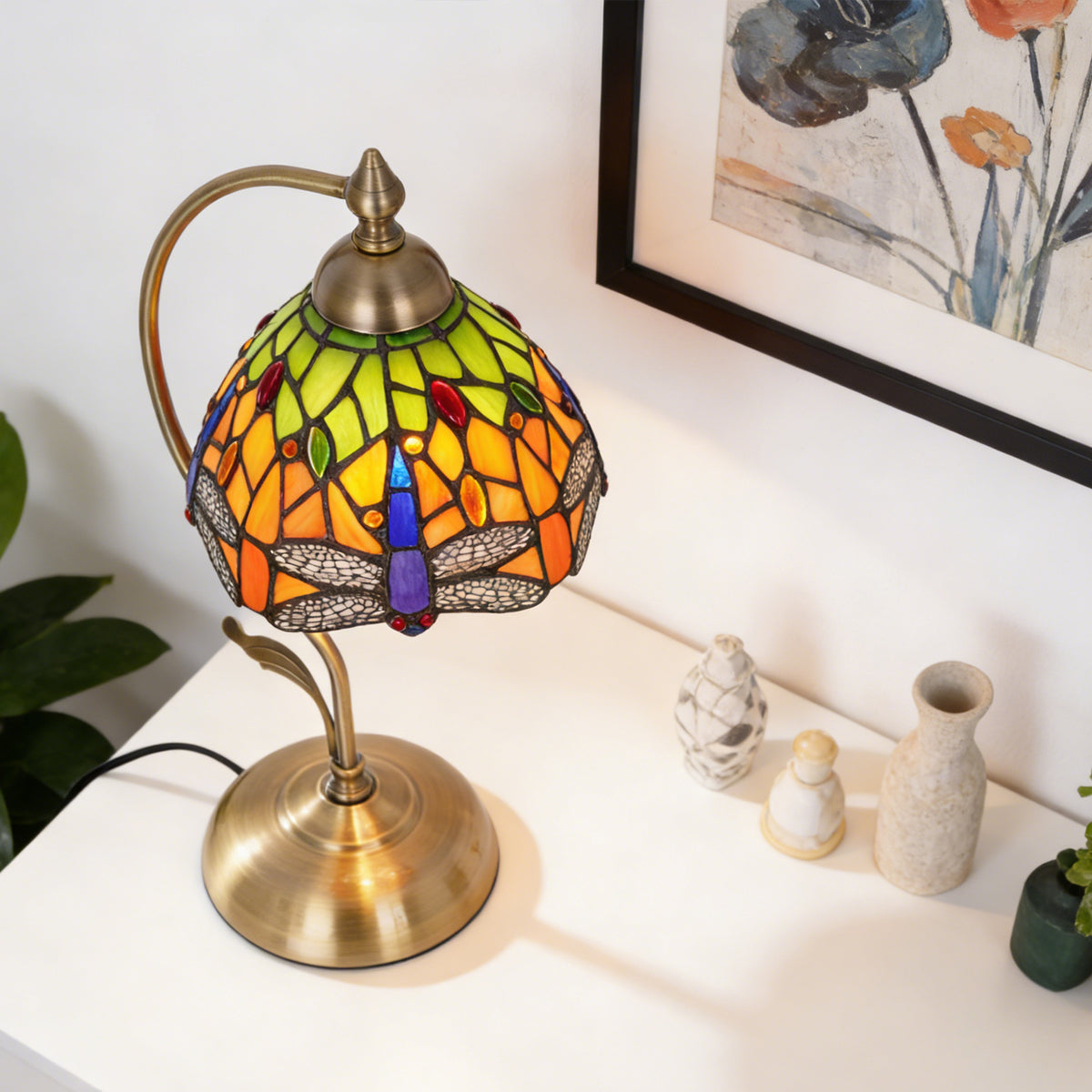 17.3" Tiffany-Style Dragonfly Stained Glass Table Lamp, Brass Gooseneck Frame, 7.5" Shade, E26