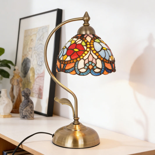 Vintage Tiffany Style Floral Stained Glass Table Lamp - 7.5" Colorful Flower Shade Brass Gooseneck Desk Lamp E26 Socket, Bulb Not Included