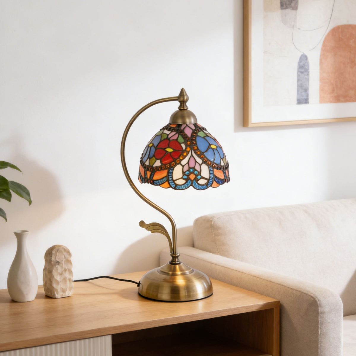 17.3" Tiffany-Style Floral Stained Glass Table Lamp, Antique Brass Gooseneck Frame, 7.5" Shade, E26