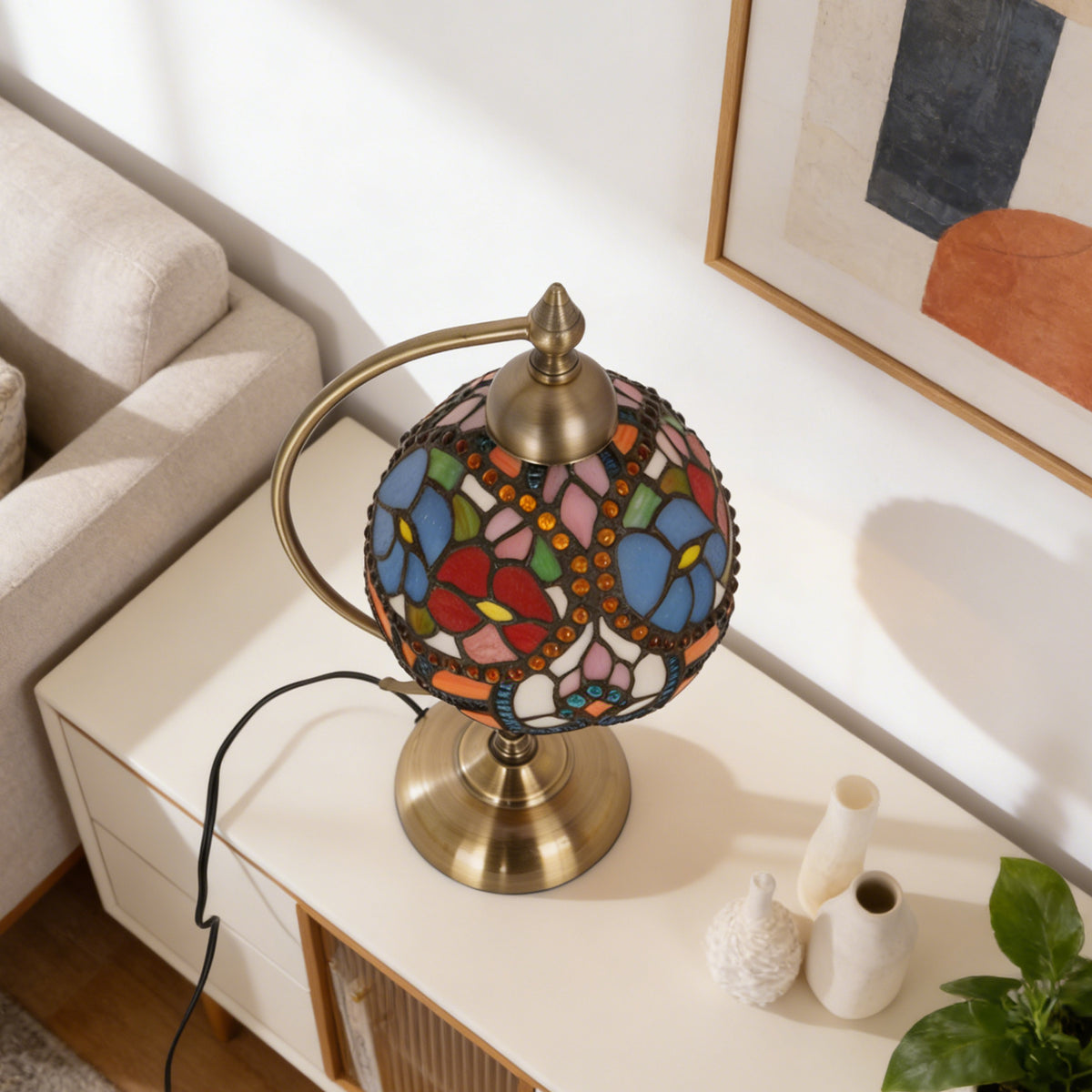 17.3" Tiffany-Style Floral Stained Glass Table Lamp, Antique Brass Gooseneck Frame, 7.5" Shade, E26