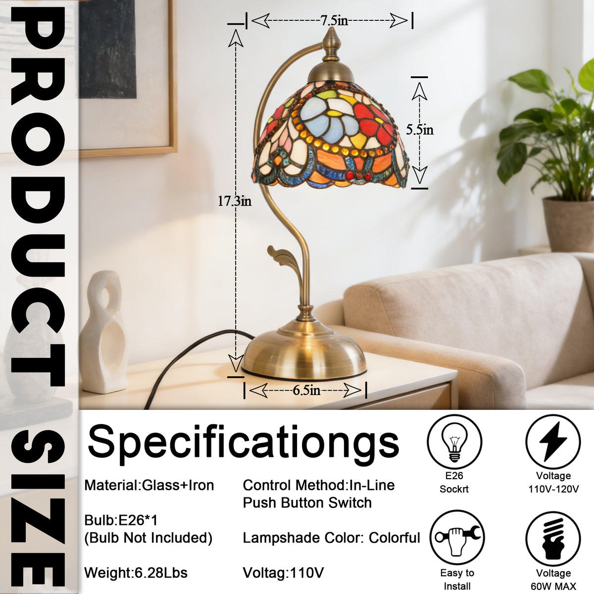 17.3" Tiffany-Style Floral Stained Glass Table Lamp, Antique Brass Gooseneck Frame, 7.5" Shade, E26