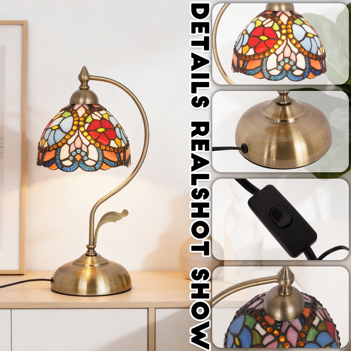 17.3" Tiffany-Style Floral Stained Glass Table Lamp, Antique Brass Gooseneck Frame, 7.5" Shade, E26