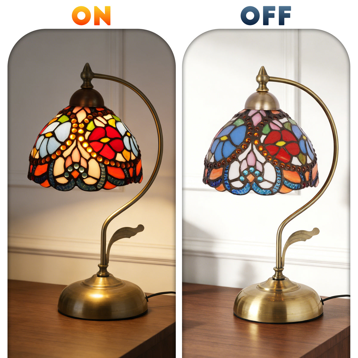 17.3" Tiffany-Style Floral Stained Glass Table Lamp, Antique Brass Gooseneck Frame, 7.5" Shade, E26